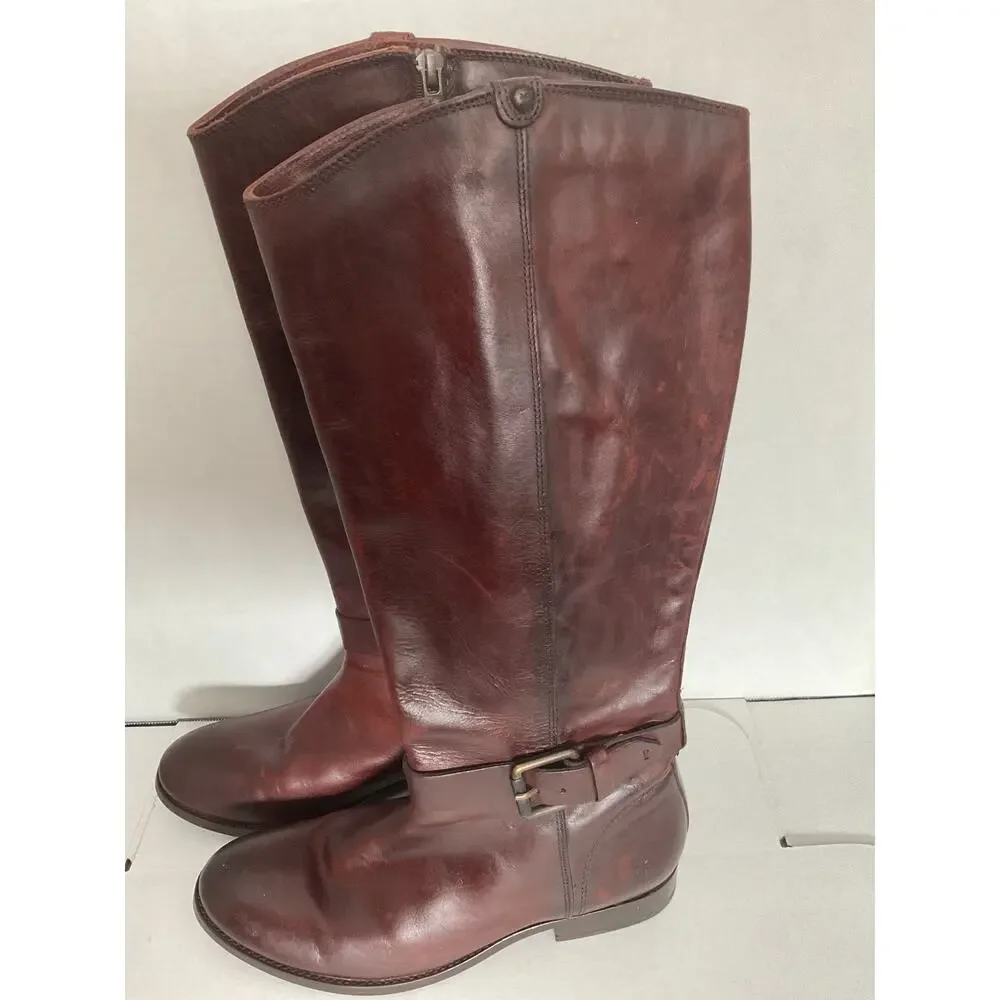 Frye - Melissa - Moto/Riding Tall boots - Redwood Brown Distressed Leather - 8B